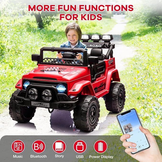 12V Kids Ride-On Truck with Parent Remote Control, Electric Toy Car with Spring Suspension, 3 Speed Modes & LED Lights, Battery Powered Vehicle for Boys Girls Ages 3-8, Red