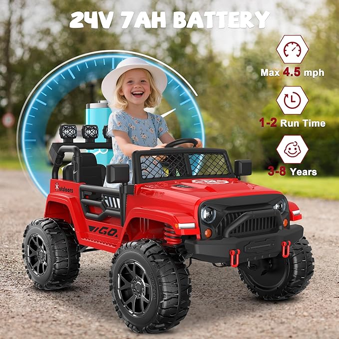 ANPABO 24V Ride on Toys for Big Kids, 2 Seater, 4x200W Motors, EVA Tires, Remote Control, 4 Shock Absorbers, Bluetooth, Electric Ride on Car for Kids 3-8((Bright Red)