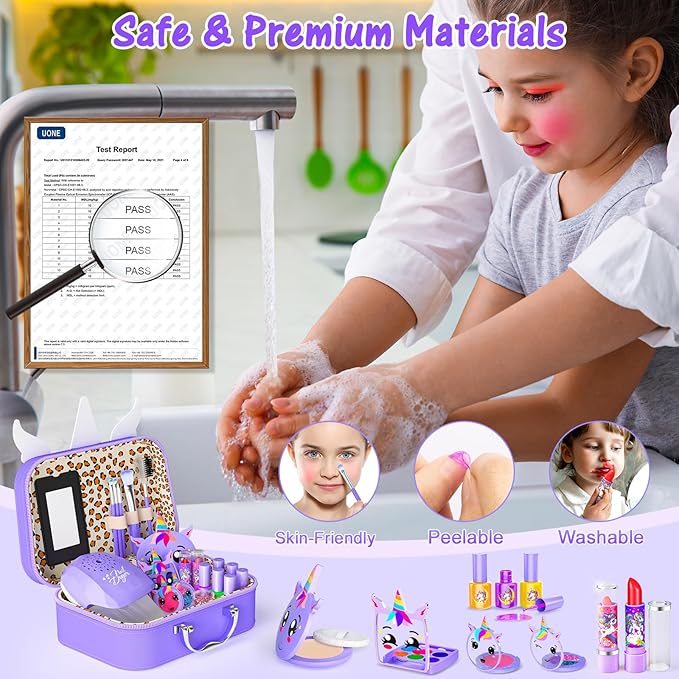 Kids Makeup Kit for Girl - 2 in 1 Kids Washable Makeup Toys & Nail Art Kit with Nail Dryer and Storage Case, Real Girl Makeup Set Birthday Gifts Toys for 3 -12 Year Old Girls, Purple