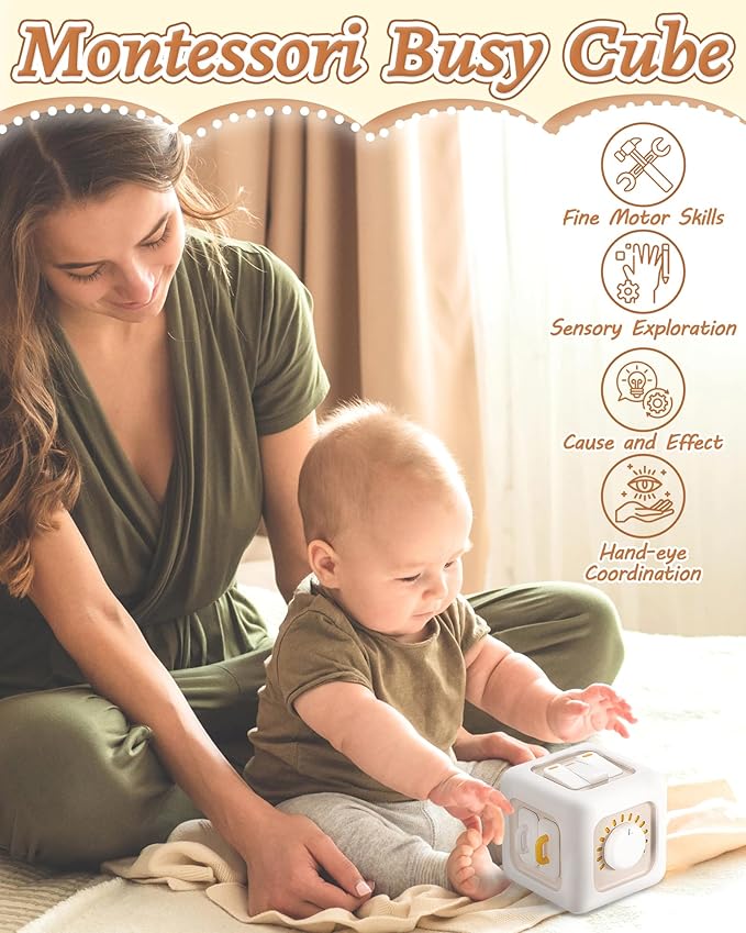 6 in 1 Busy Cube Montessori Toys for 1 Year Old Boy, Baby Sensory Toys for Ages 1-3, Toddler Learning Activities Stocking Stuffers Travel Toy Birthday Gift for 1 2 3 Year Old Boy Girl