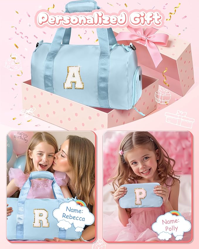 Gift Ideas for Kids Girls-Girl Gym Bag with Shoe Compartment, Kid Personalized Weekender Overnight Bags, Initial Travel Tote with Makeup Pouch, Graduation Gifts Granddaughter (Letter N)