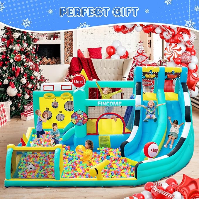 Bounce House Double Slides for Kids 3-10, Large Bounce Castle with Air Blower 550W, Pool, Jumping, Climbing, Balls, Ring Toss, Inflatable Water Park for Birthday Party Holiday Outdoor Indoor