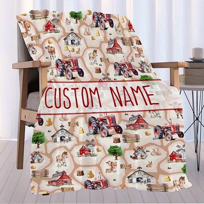 Custom Farm Tractor Blanket with Name Personalized Farm Tractor Blankets for Girls Boys Women Men Customized Blanket Gifts for Birthday 40"x50"for Kids/Small Pets