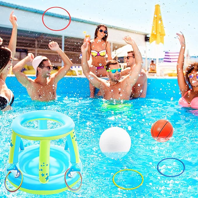 Jasonwell Pool Toys Games Set - 3 in 1 Pool Volleyball Net Basketball Hoop Ring Toss Game Inflatable Floats Water Floating Volleyball Swimming Pools Party Game Accessories Toy Gift Kids Teens Adults