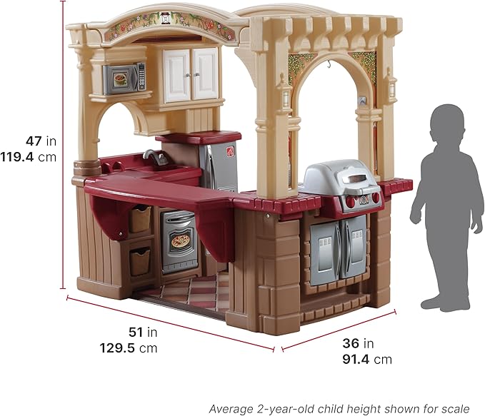 Step2 Grand Walk-In Kitchen & Grill Kids Playset, Indoor/Outdoor Kitchenette, Interactive Play with Lights and Sounds, Durable Plastic, 103 Piece Toy Accessories, Toddlers 2+ Years Old, Brown/Tan