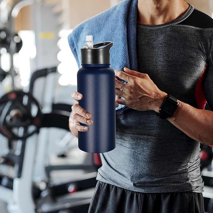 VEGOND 32 oz Insulated Water Bottle Bulk Stainless Steel Metal Water Bottles with Leak Proof Straw Lid & Spout Lid, Wide Mouth Double Walled Vacuum Travel Sports Bottle, 4 Pack