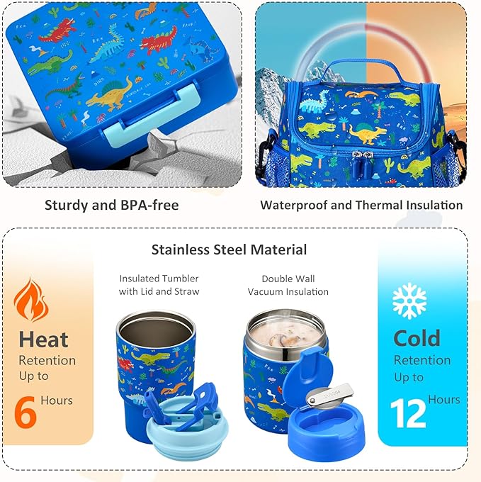Lunch Box Set with Bento Box Container, 17OZ Stainless Steel Food Soup Thermo, Kids Water Bottle & Portable Insulated Lunch Bag, Leakproof, Hot/Cold Retention for School, Travel (Dinasour)