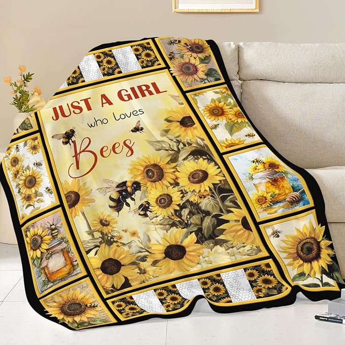 Bee Blanket for Boys Girls, Bee Sunflowers Flannel Throw Blanket, Fleece Soft Cozy Stuff Blankets Gift for Women Men Couch Sofa Bed 80" x 60"