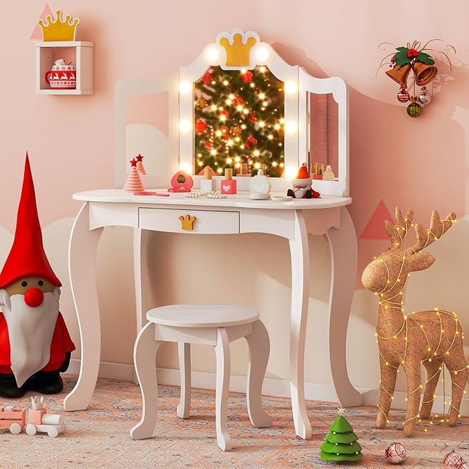 Costzon Kids Vanity with Lights, Girls Vanity Set with Mirror and Stool, Drawer, 2 in 1 Princess Makeup Desk Dressing Table, Kids Vanity Table and Chair Set (White)