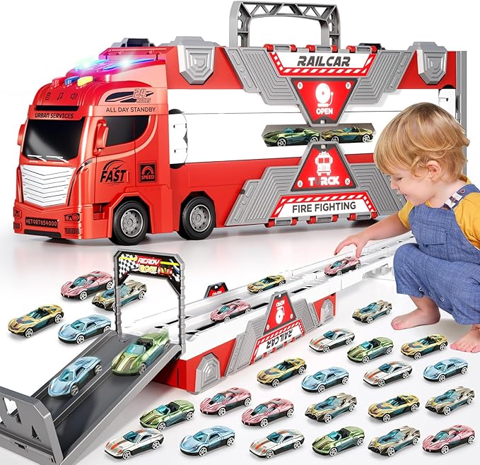 65-Inch Race Car Tracks and 20 Car Toys for Toddlers Boys Kids 1-3 4-7, Toy Trucks for Toddler 2 3 4 5 6 7 8 Years Old with Lights Sounds, Carrier Truck Toys Gift for Boys Girls Kids