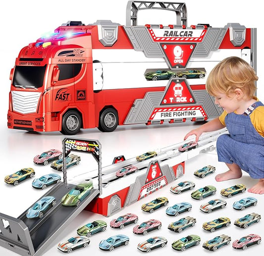65-Inch Race Car Tracks and 20 Car Toys for Toddlers Boys Kids 1-3 4-7, Toy Trucks for Toddler 2 3 4 5 6 7 8 Years Old with Lights Sounds, Carrier Truck Toys Gift for Boys Girls Kids