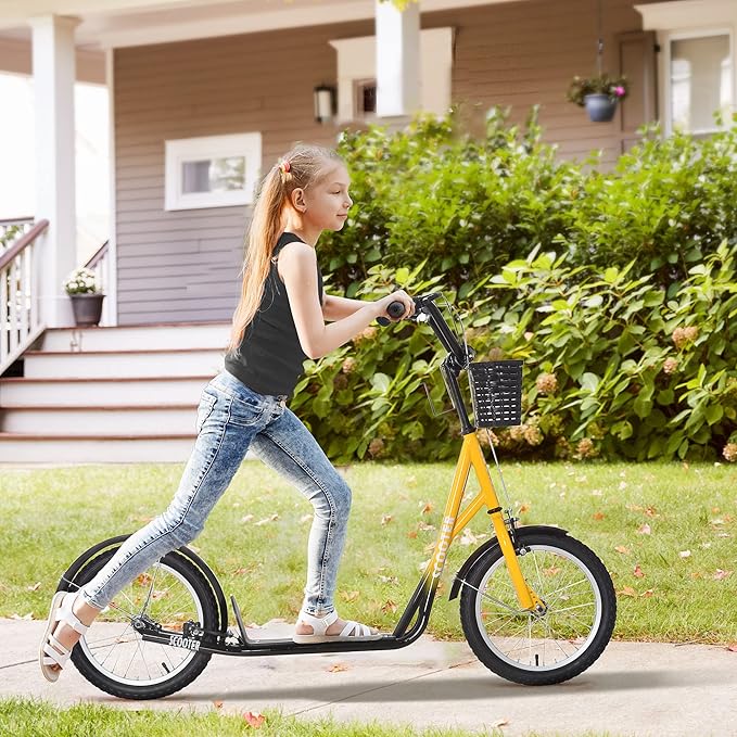 Aosom Youth Scooter, Kick Scooter with Adjustable Handlebars, Double Brakes, 16" Inflatable Rubber Tires, Basket, Cupholder