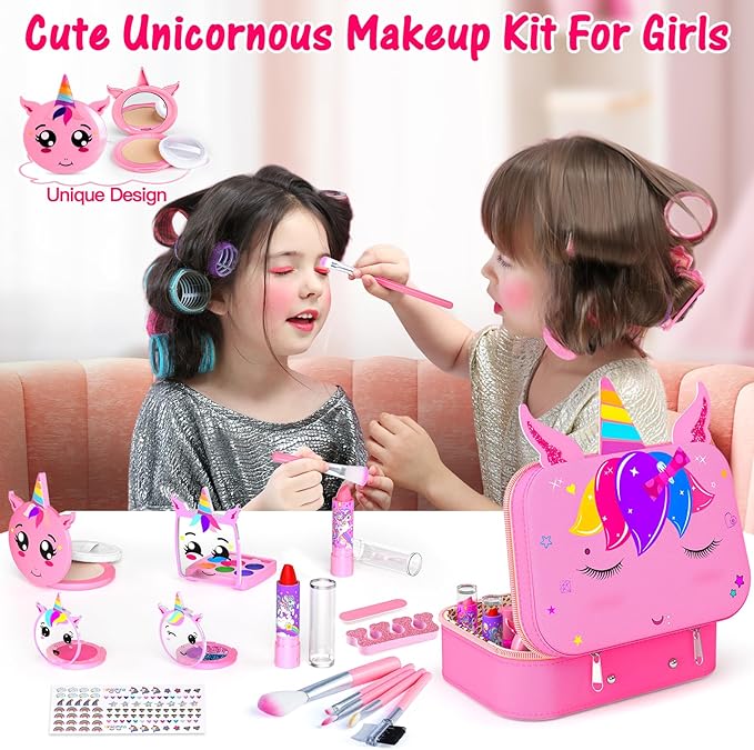 Kids Makeup Kit for Girl - 2 in 1 Kids Washable Makeup Toys & Nail Art Kit with Nail Dryer and Storage Case, Real Girl Makeup Set Birthday Gifts Toys for 3 -12 Year Old Girls, Pink