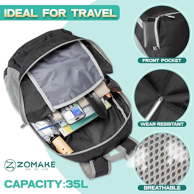 ZOMAKE Lightweight Packable Backpack 35L, Light Foldable Backpacks Water Resistant Collapsible Hiking Bag, Compact Folding Day Pack for Travel Camping(Graphite black)