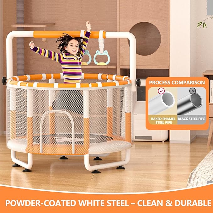 55" Kids Indoor Trampoline with Safety Net, Adjustable Gymnastics Bar & Toys – Indoor/Outdoor Toddler Play Gym for Boys & Girls Ages 3+, Birthday Gifts (White (Powder-Coated))