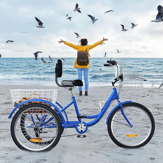 YITAHOME 24 & 26 Inch Adult Tricycle, 1 & 7 Speed 3 Wheel Bikes, Large Seat with Backrest Trike for Adults with Front & Rear Baskets, Cruiser Bike for Seniors Women Men Commute Picnic Outdoor