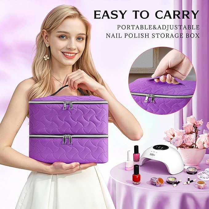 DreamGenius Nail Polish Organizer Case Holds 42 Bottles, Portable Double-Layer Nail Polish Storage Bag with Adjustable Dividers for Manicure Tools, Purple