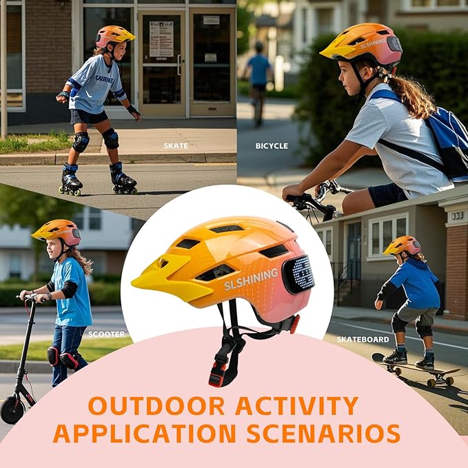 Kids Bike Helmet for Boys Girls: Helmets for Children and Adolescents 5-14 Years Old，64-Pattern LED Light Adjustable Kid Helmet Multi-Sport Protection