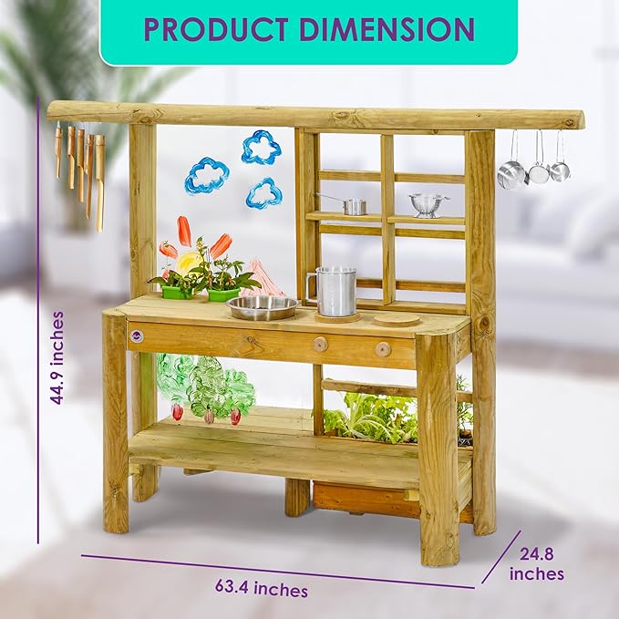 Plum® Discovery Mud Pie Kitchen for Kids Outdoor Toys - Play Toy Kitchen with Accessories, Wooden Kids Playset, with Built-in Gardening Planter and Painting Easel for Kid Age 3+