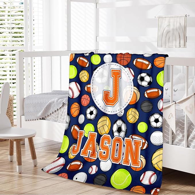 Gift for Boys, Personalized Sport Throw Blanket with Initial for Kids Toddler Teens Sports Lovers, Custom Soft Fuzzy Blankets for Bed Couch Sofa Decor(4 Sizes Optional)