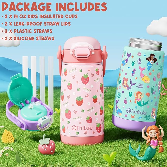 Fimibuke Kids Insulated Water Bottle with Straw Lid & Handle - 14oz BPA FREE 18/8 Stainless Steel Metal Tumbler Leak Proof Double Wall Vacuum Kids Cup Toddler Water Bottle for School Boys Girls