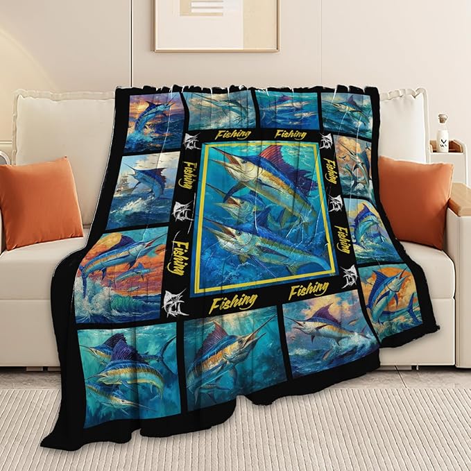 Fish Throw Blanket Fishing Marlin Stuff Gifts for Kids Girls Boys Adults Women Men Soft Cozy Warm Plush Fluffy Fuzzy Fleece Blanket Decor 50''X60''