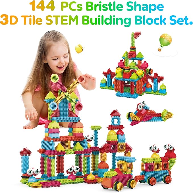 Contixo 244 pcs Bristle Shape 3D STEM Building Toys, Construction Learning Stacking Educational Block, Creativity Beyond Imagination, Inspirational, Safe & Durable, Recreational Toy for Kids Ages 3-8