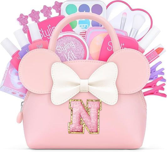 Pretend Makeup Kit for Toddlers Kids- 21Pcs Make Up Toys with Initial Toddler Purse - Birthday Gifts for 3 4 5 Years Old Girls Vanity Set Christmas Birthday Gift Pink N