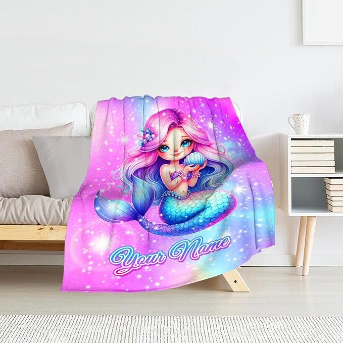Personalized Mermaid Throw Blanket - Animals Pattern Blankets Gifts for Kids Teens - Cute Throw Decor Stuff for Sofa, Couch