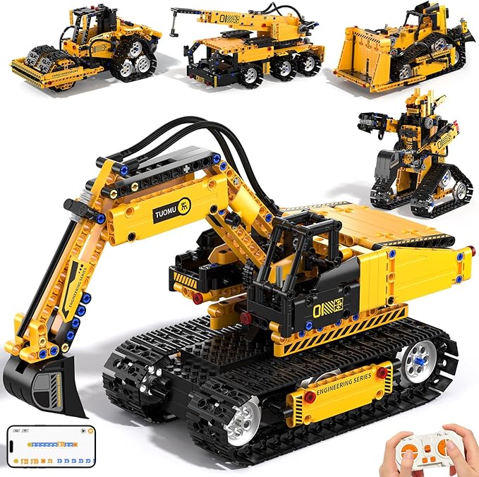 5 in 1 Building Toys STEM Robotics Kit for Kids 6-14, Remote & APP Controlled STEM Excavator/Truck/Robot/Bulldozer/Roller, 535 PCS Blocks RC Robot Erector Sets, Birthday Gift for 8 10 11 12+ Years Old