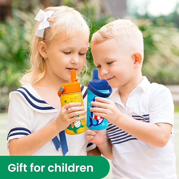 Dinosaurs Water Bottle - Dino Kids Water Bottle with Straw Lid - 12 Oz Insulated Stainless Steel Water Bottles for Kid Boys - Travel Cup for School Sports