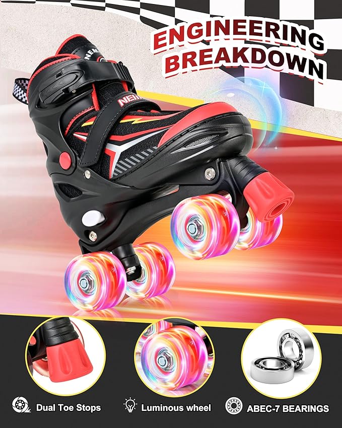NEMONE Roller Skates for Boys Kids Ages 4-6 5-8 6-12 8-12 with 4 Sizes Adjustable Light up Wheels, Todder Beginner Rollerskates Indoor Outdoor Sports