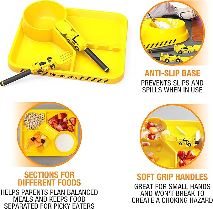 Dinneractive Dining Set for Kids - 3PC Yellow Race Car Dinnerware - Race Car Utensils - Toddler Plates - Baby Dishes