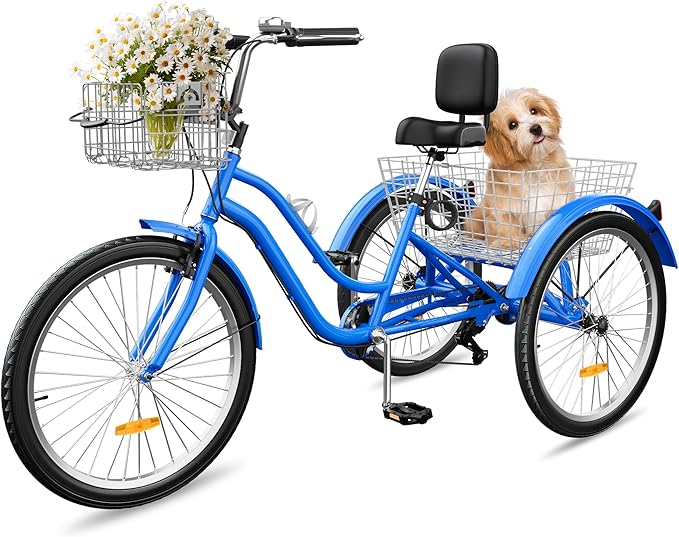 YITAHOME 24 & 26 Inch Adult Tricycle, 1 & 7 Speed 3 Wheel Bikes, Large Seat with Backrest Trike for Adults with Front & Rear Baskets, Cruiser Bike for Seniors Women Men Commute Picnic Outdoor