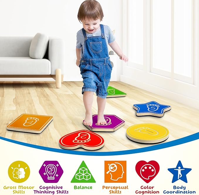 Wooden Balance Stepping Stones for Kids, Toddler Balance Beam Toy(Multi-Shape and Colored)