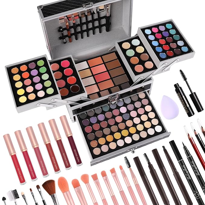 Makeup Gift Set For Women Girls, All in One Full Makeup Kit with Eyeshadow, Lip Gloss, Concealer, Blush, Contour, Highlighter Brushes Liquid Lipsticks Eyebrow Pen Mascara Eyeliner Pencil (Black Set)