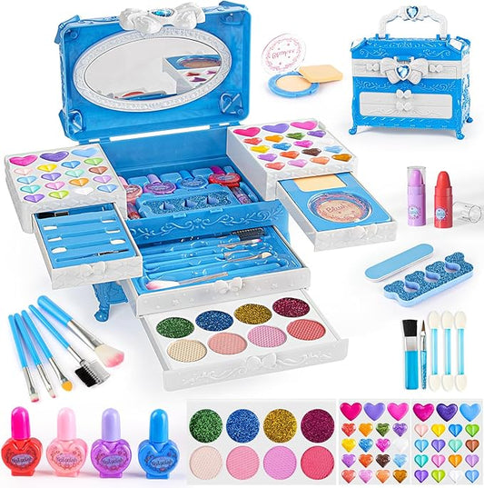 Kids Makeup Sets for Girls, 66pcs Real Cosmetic for Kids Toys with Mirror, Princess Washable Girls Makeup Kit, Non-Toxic & Safe Brithday Gifts for 3 4 5 6 7 8 10 - 12 Years Old（Blue）