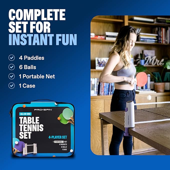 PRO-SPIN Portable Ping Pong Set with Retractable Ping Pong Net for Any Table, All-in-One Table Tennis Set with Ping Pong Paddles, Balls & Case, Table Top Family Game