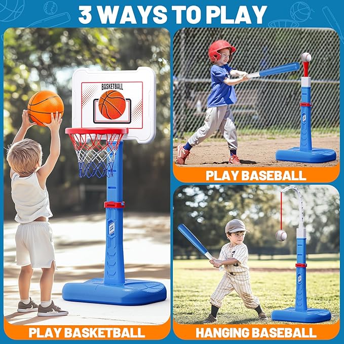 3 in 1 Kids Basketball Hoop and T Ball Set, Adjustable Height Toddler Basketball Hoop, Hanging Tee Baseball, Indoor Outdoor Sports Toys Gifts for Toddlers Boys Girls Ages 3 4 5 Year（Blue