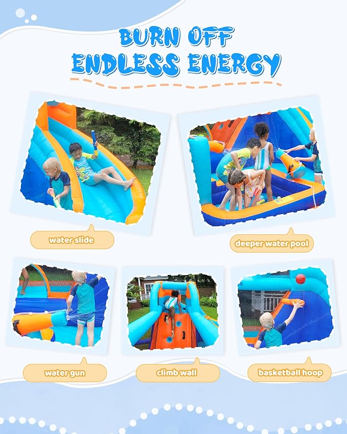 AirMyFun Inflatable Bounce House Water Slide with Curved Slide & Ball Pit Splash Pool - Kids Outdoor/Indoor Water Play Center for Backyard, Birthday Parties - Includes Basketball Hoop & Blower