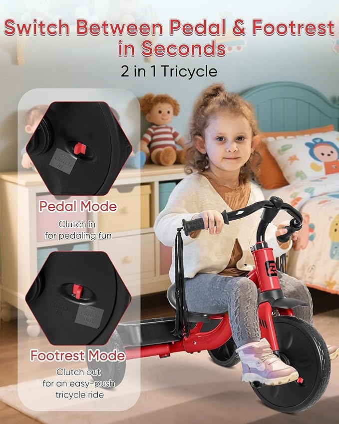 2-in-1 Tricycle for Toddlers Ages 1.5–3, Trike with Extended Push Handle, Removable Wagon-Style Basket, Adjustable Handlebar with Tassels, and Fore-AFT Adjustable Seat, Red