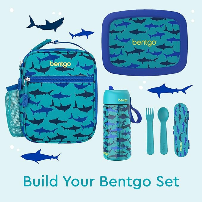 Bentgo® Kids Insulated Lunch Tote - Water-Resistant, Reusable, Lightweight & Durable Lunch Bag with Water Bottle Holder & Mesh Pocket, Fits Lunch Box & Water Bottle - Ideal for Ages 3+ (Sharks)
