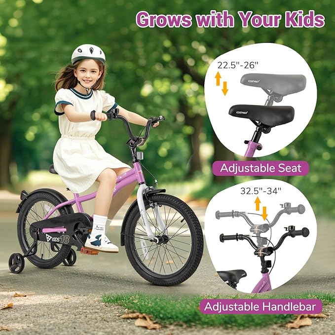 COSTWAY 12/14/16/18 Inch Kids Bike, Children Toddler Bicycle with Training Wheels, Adjustable Seat & Handlebar, Handbrake & Coaster Brake, Reflectors, Bell, Suitable for 3-8 Years Old Boys Girls
