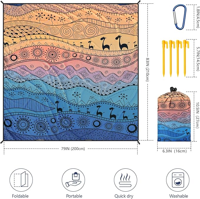 Beach Blanket Waterproof Sandproof Beach Mat 79" X 83"/10'x9'for 2-8 Adults Quick Drying Outdoor Picnic Mat Beach Accessories for Travel, Camping, Hiking