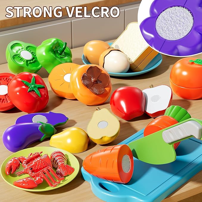 Play Food Set for Kids, Toddler Learning Toys, Cutting Food Toy Color Sorting Set, Pretend Food Play Kitchen Accessories for Kids, Birthday Gifts for 3-8 Years old Boys Girls Educational Toys