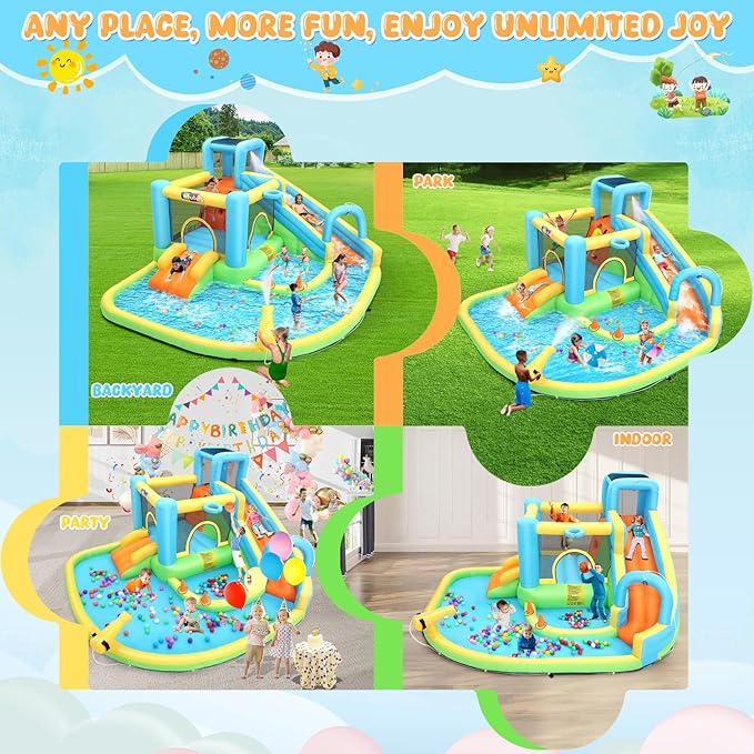 AKEYDIY Kids Bounce House with Long Slide,Ball Pit,Climbing Wall, Large Water Park W/GFCI Blower,Adventure Slide Park Inflatable Water Park for Kids Indoor Backyard