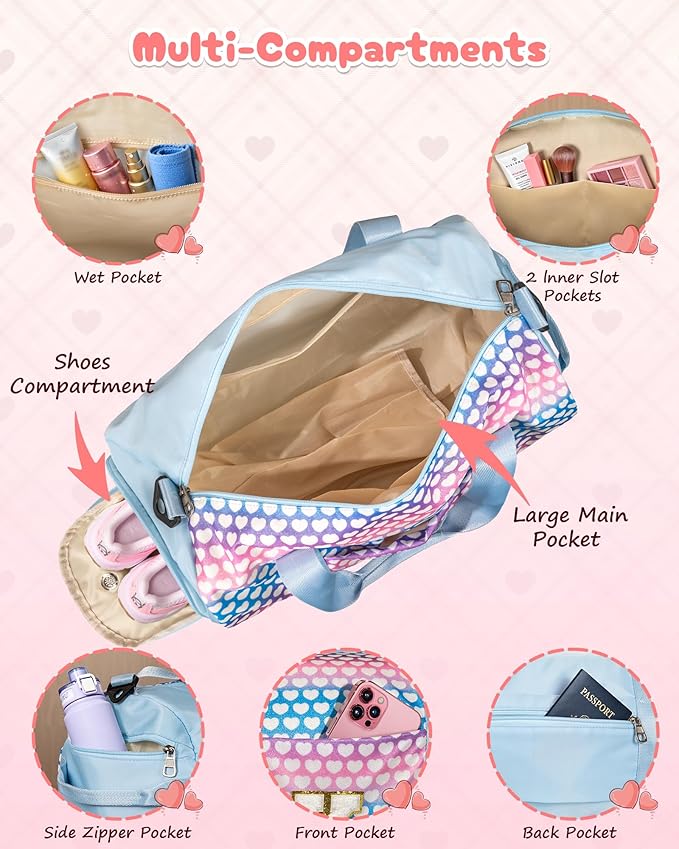 Christmas Gift for Kid, Girls Travel Duffel Bag, Kids Initial Overnight Bags with Shoe Compartment, Initial Duffle Bag with Makeup Pouch, Birthday Gifts for Toddler (Letter H)