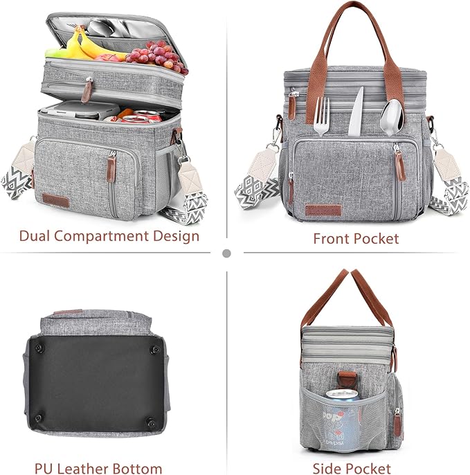 LOKASS Lunch Box & Lunch Bag for Women Men Double Deck, Large Insulated Adult Lunch Box Leakproof Lunchbox Cooler Bag for Work Picnic Beach,（Gray16L）