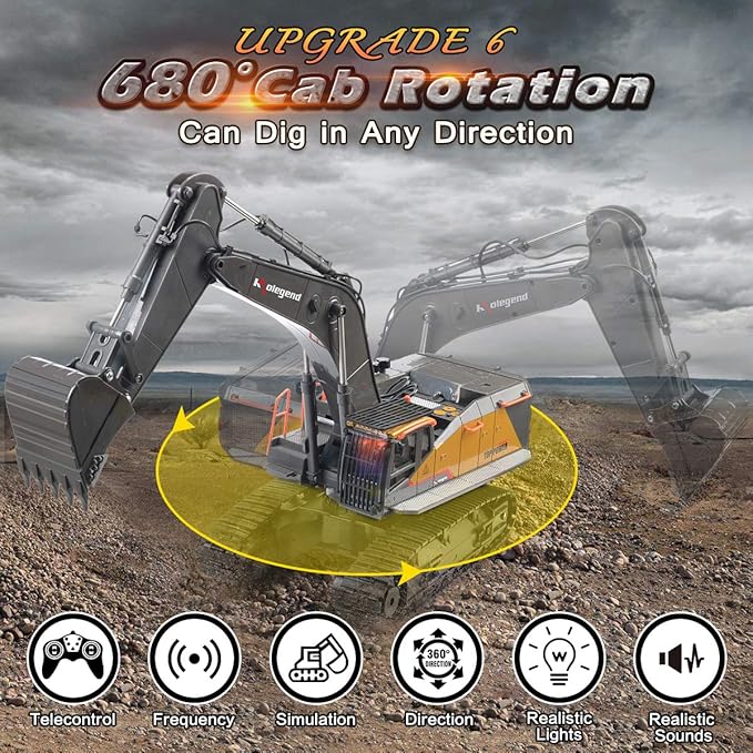 kolegend Remote Control Excavator Toy 1/14 Scale RC Excavator, 22 Channel Upgrade Full Functional Construction Vehicles Rechargeable RC Truck with Metal Shovel and Lights Sounds