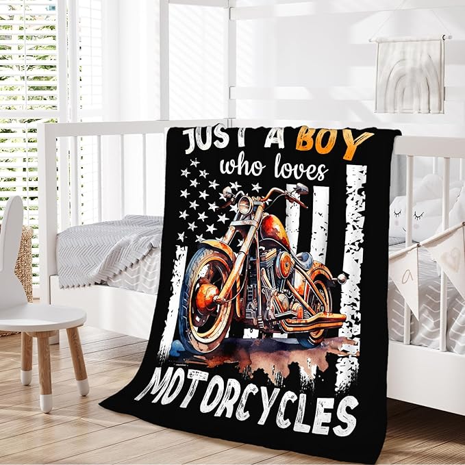 Motorcycle Gifts for Boys Men - 50x60 Inches Cool Throw Blanket for Kids Teens Motorbike Lovers Motorcycle Riders - Black Soft Fuzzy Car Blankets for Couch Sofa Bed Travel